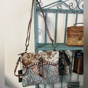 Myra Bag Brown Turquoise Leather & Hair-on Hide Crossbody